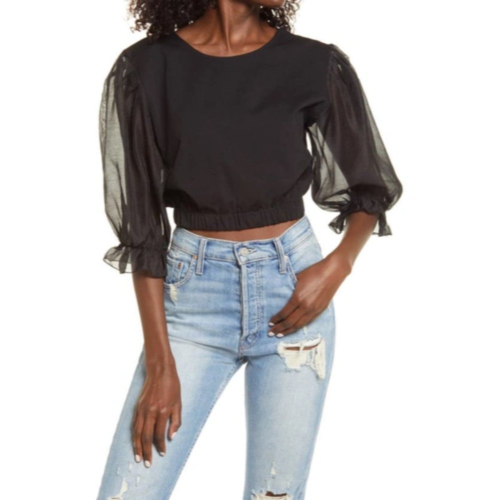 New PRMA Women's XS / M Black Tulle‎ 3/4 Sleeve Frill Trim Lightweight Crop Top